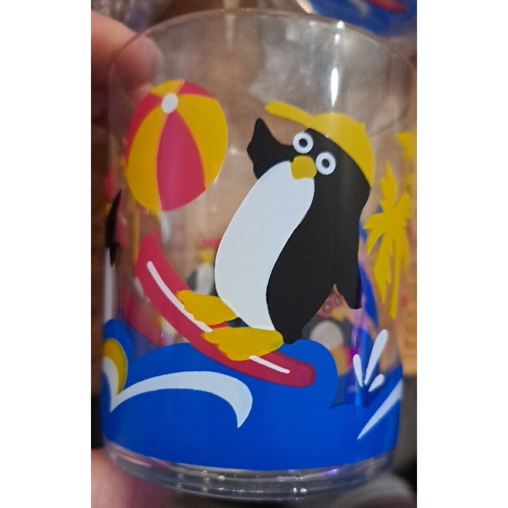 Vintage NIB 4 FUN  Penguin Beach Party POOL Home Style 14 OZ Acrylic Glass Cups